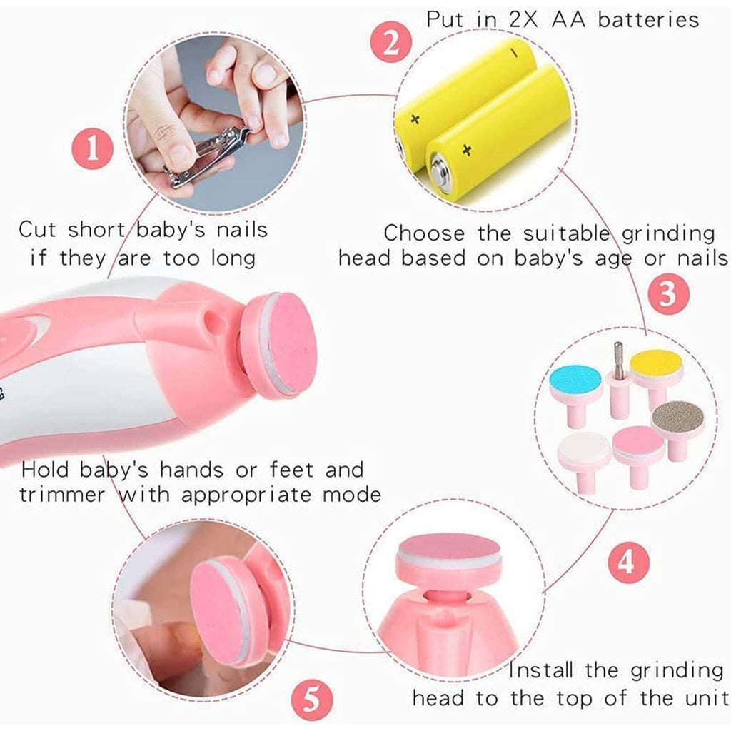 Close-up of electric baby nail trimmer grinding heads
